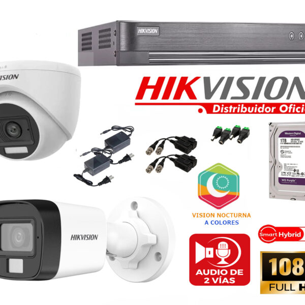Kit 2 Cámaras 2 Megapixeles  con Audio y Vision Nocturan a Colores  Hikvision KIT2_5MP-AUDIO