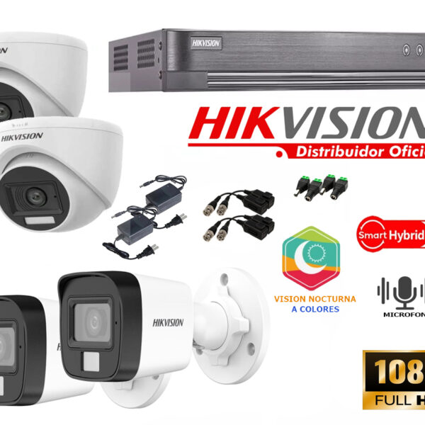 Kit de 4 Cámaras Full Hd con Audio con Luz híbrida inteligente Hikvision 7204_kit4_audio