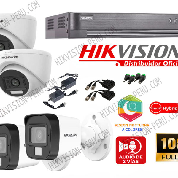 Kit de 4 Cámaras Full Hd con Audio y Vision Nocturna a Colores Hikvision 2MP_KIT4_AUDIO