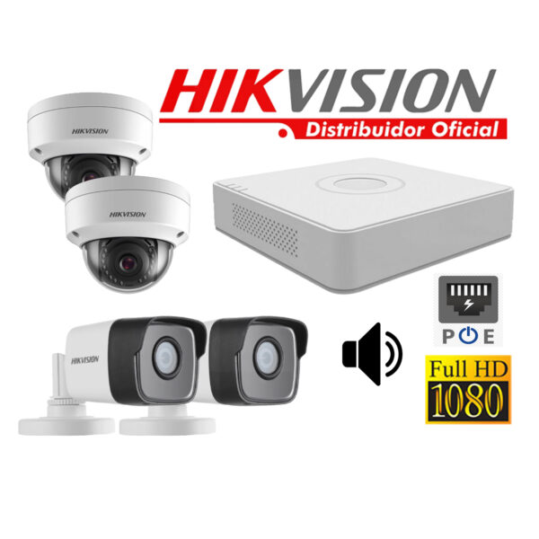 Kit 4 Cámaras Seguridad IP 2 Megapixeles con Audio  Vision Nocturna a Colores y  POE Hikvision KITIP4_2MP