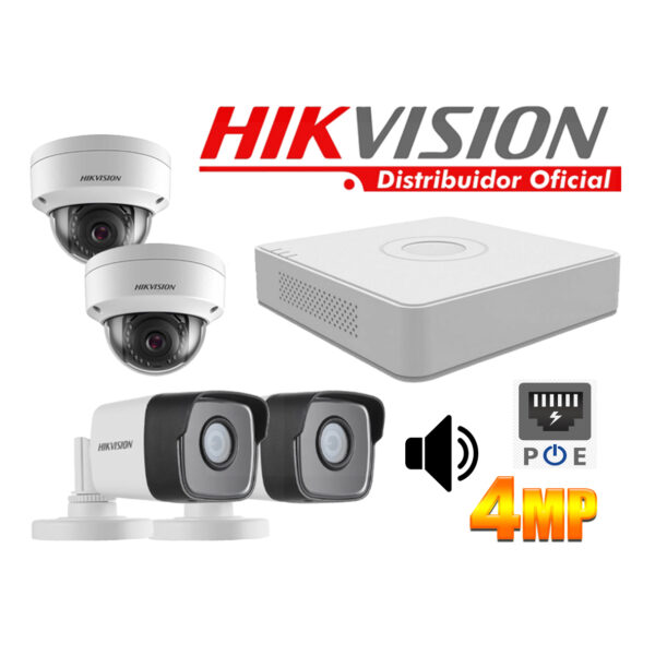 Kit 4 Cámaras Seguridad IP 4 Megapixeles con Audio  Vision Nocturna a Colores y POE Hikvision KITIP4_4MP