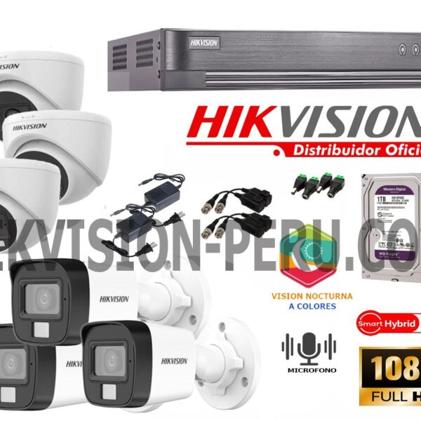 Kit de 6 Cámaras Full Hd con Audio con Luz híbrida inteligente  Hikvision 7208_kit6_audio