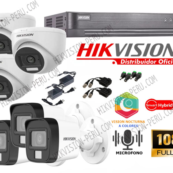 Kit de 6 Cámaras 2 Megapixeles con Audio con Luz híbrida inteligente  Hikvision 2MP_KIT6_AUDIO