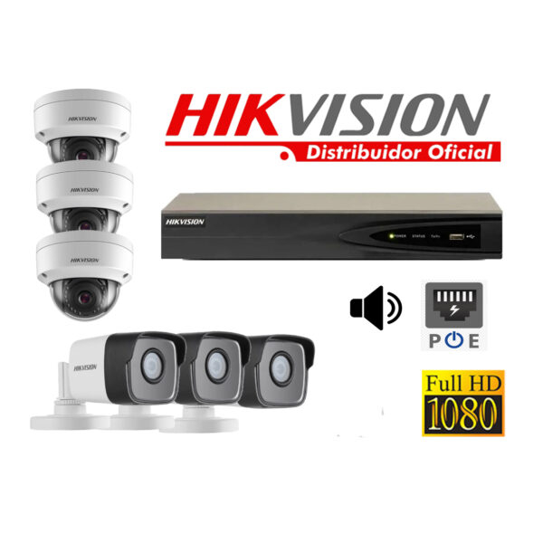 Kit 6 Cámaras Seguridad IP 2 Megapixeles con Audio  Vision Nocturna a Colores y POE Hikvision KITIP6_2MP