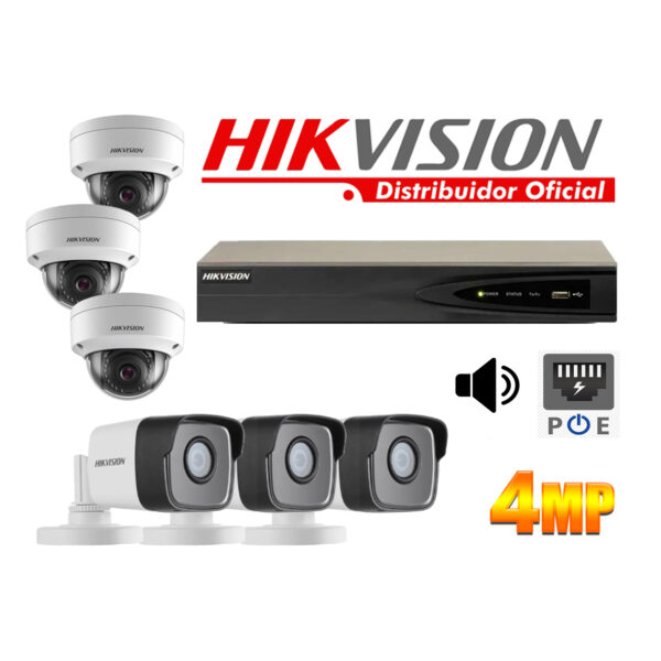 Kit 6 Cámaras Seguridad IP 4 Megapixeles con Audio  Vision Nocturna a Colores  POE Hikvision KITIP6_4MP