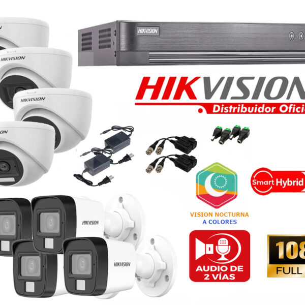 Kit de 8 Cámaras Full Hd con Audio con Luz híbrida inteligente  Hikvision 7208_kit8_audio