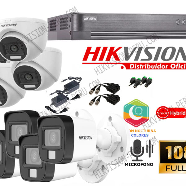 Kit de 8 Cámaras 2 Megapixeles con Audio con Luz híbrida inteligente  Hikvision 2MP_KIT8_AUDIO
