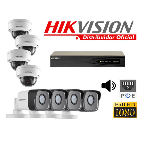 Kit 8 Cámaras Seguridad IP 2 Megapixeles con Audio  Vision Nocturna a Colores y POE Hikvision KITIP8_2MP