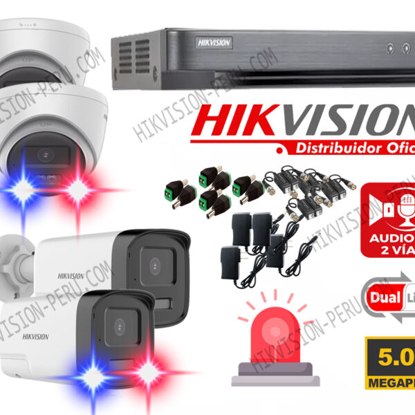 Kit de 4 Cámaras 5 Megapixeles con Audio /Parlante / Sirena / Vision Nocturna a Colores Hikvision 5MP_KIT4_AUDIOBI