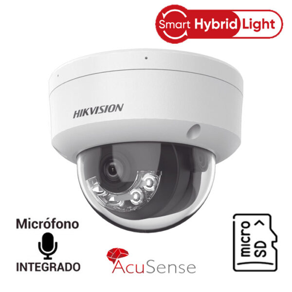 Hikvision DS-2CD2123G2-LIS2U  Domo IP 2 Megapixel / Smart Hybrid Light / 2 Micrófonos Integrados / Infrarojo 30Mts / ACUSENSE / Exterior IP67 / Entrada Salida de Alarma y Audio /  Micro SD / Metal / ACUSEARCH