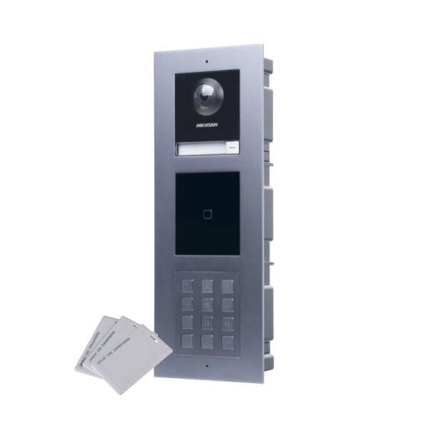KIT VIDEO PORTERO IP 2 MEGAPIXELES MULTIFAMILIAR LECTOR TARJETAS PARA APERTURA DE PUERTA  HIKVISION DS-KIS602-M