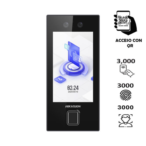 HIKVISION DS-K1T344EBFWX-E1 Terminal Facial Min Moe con LECTOR DE HUELLAS y Tarjetas PROX EM / 3000 Rostros / 3000 Huellas / Pantalla 4.5"  / Exterior IP65 / PoE / WiFi / HIK-IA