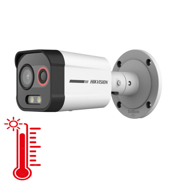Hikvision DS-2TD2608-1/QA/FP Camara Bala IP 4Mpx Dual / Térmica 1.3 mm (96 x 72) / Detección de Excepciones de Temperatura 30 mts /30 mts Luz Blanca / Exterior IP67 / PoE / Sirena y Luz Intermitente Integrada / Micro SD / ColorVu y ACUSENSE