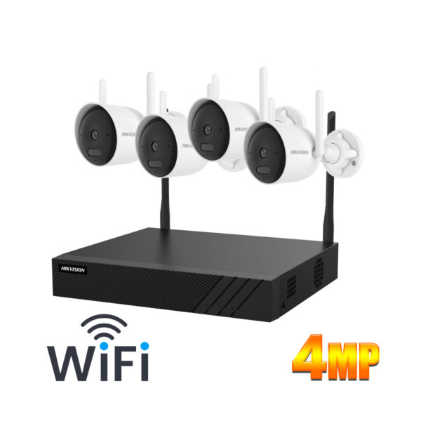 Kit 4 Cámaras Tubo exterior  IP WIFI Hikvision NK844WBH 4 Megapixeles con Audio   NVR de 8 canales