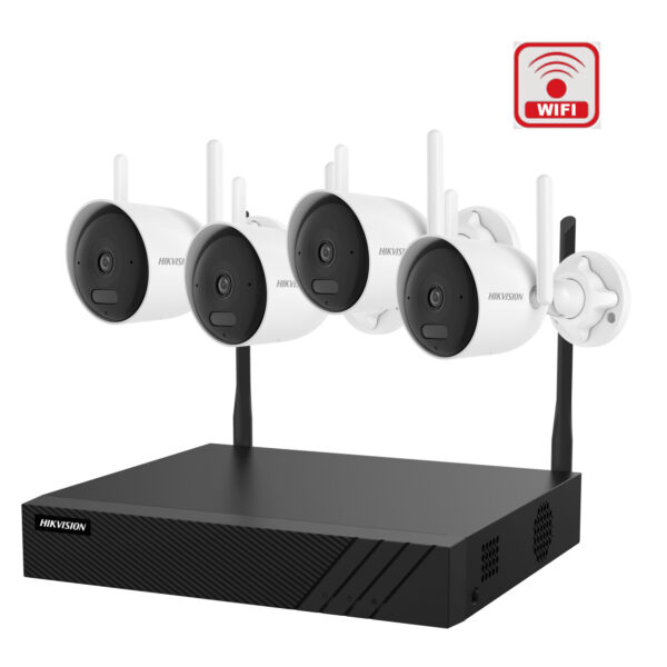 Kit 4 Cámaras Tubo exterior  IP WIFI Hikvision NK844WBH 4 Megapixeles con Audio   NVR de 8 canales