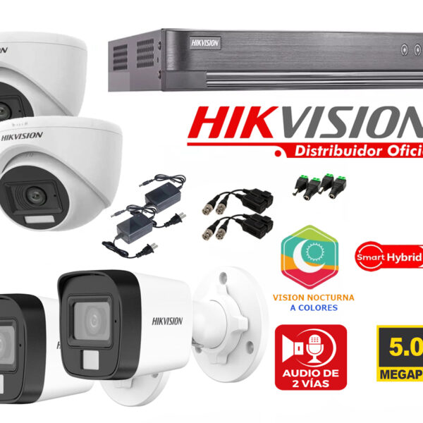 Kit de 4 Cámaras 5 Megapixeles 3K con Audio Luz híbrida inteligente Hikvision 7204_kit4_3MP_audio