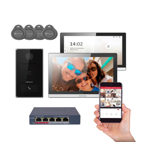 Kit de Videoportero IP Poe / Apertura de puerta con Tarjeta  / 2 Monitores / WiFi / Pantalla Tactil de 7" T DS-KIS608-P