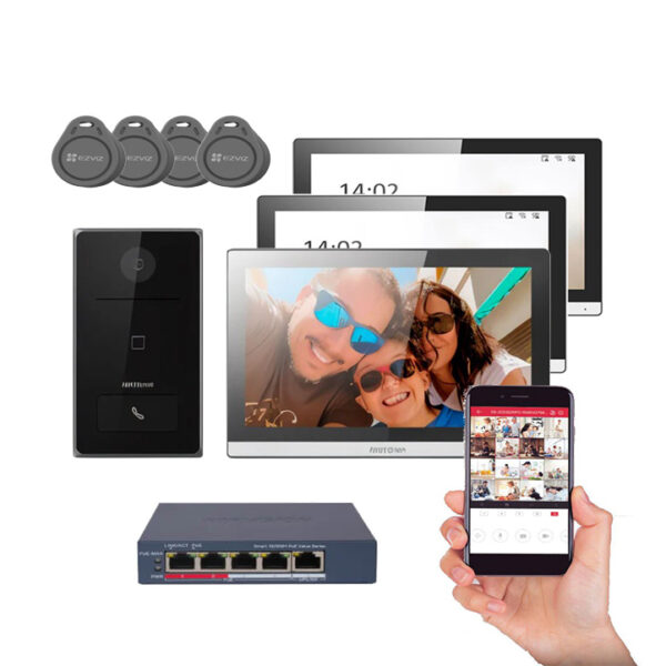 Kit de Videoportero IP Poe / Apertura de puerta con Tarjeta  / 3 Monitores / WiFi / Pantalla Tactil de 7"  / Hikvision DS-KIS608-P