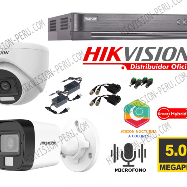 Kit 2 Cámaras 5 Megapixeles  con Audio y Vision Nocturan a Colores  Hikvision KIT2_5MP-AUDIO