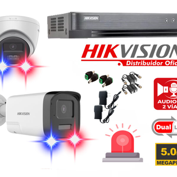 Kit de 2 Cámaras 5 Megapixeles con Audio y Altavoz  / Alarma y Luz Estroboscopica / Vision Nocturna a colores  Hikvision 5MP_KIT2_AUDIOBI