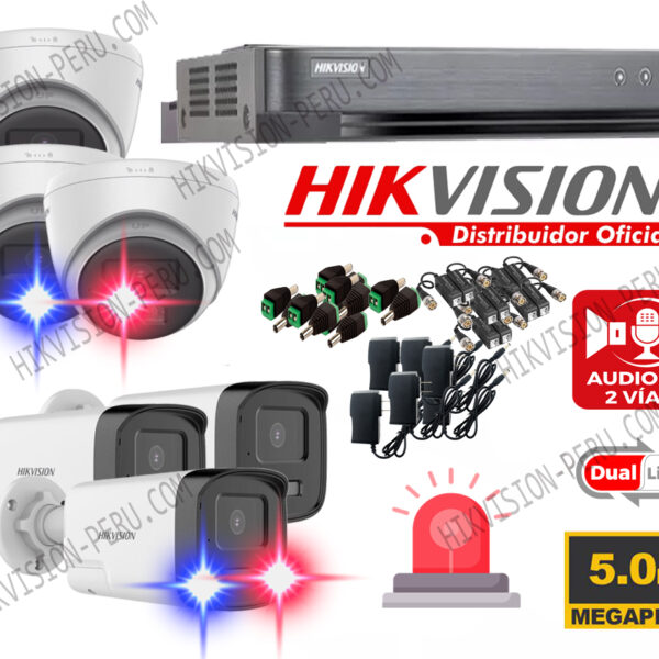 Kit de 6 Cámaras 5 Megapixeles con Audio / Parlante / Sirena / Vision Nocturna a Colores Hikvision 2MP_KIT6_AUDIOBI