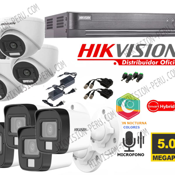 Kit de 8 Cámaras 5 Megapixeles con Audio con Luz híbrida inteligente  Hikvision 2MP_KIT8_AUDIO